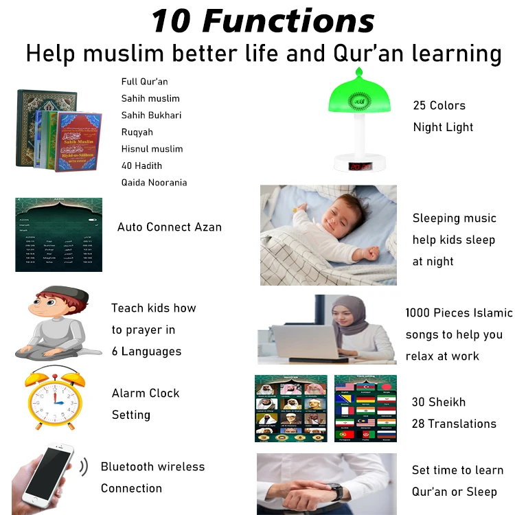 Muslim electronic  lamp for learning alquran  arabic azan clock mosque digital wall azan alarm clock led speaker quran lamp