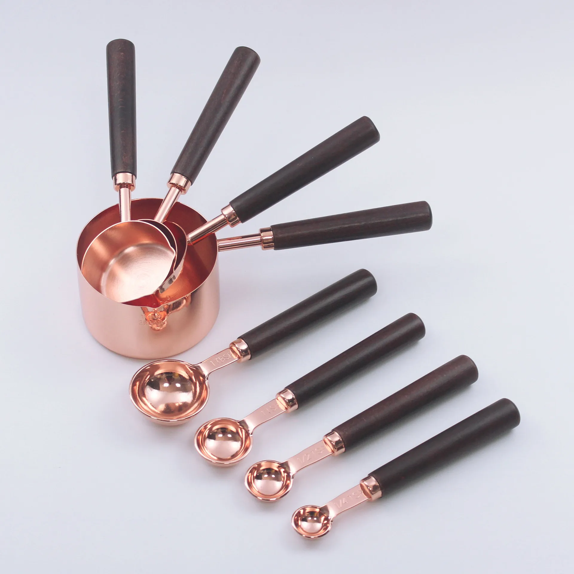 Rose Gold Stainless Steel Measuring Cups And Spoons Set with Wooden Handle Kitchen Baking Tools