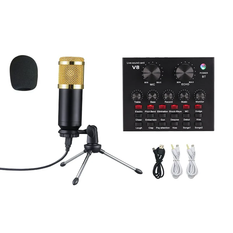 Hot Sell V8 Sound Card Microphone Set Dual Mobile Phone Computer Live Broadcast Universal Sound Card Voice Changer