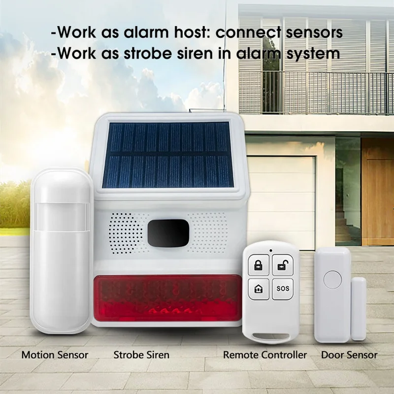 New Waterproof Outdoor Wireless Home Security Solar Alarm Siren with 100dB Loud Volume LED Flash Strobe