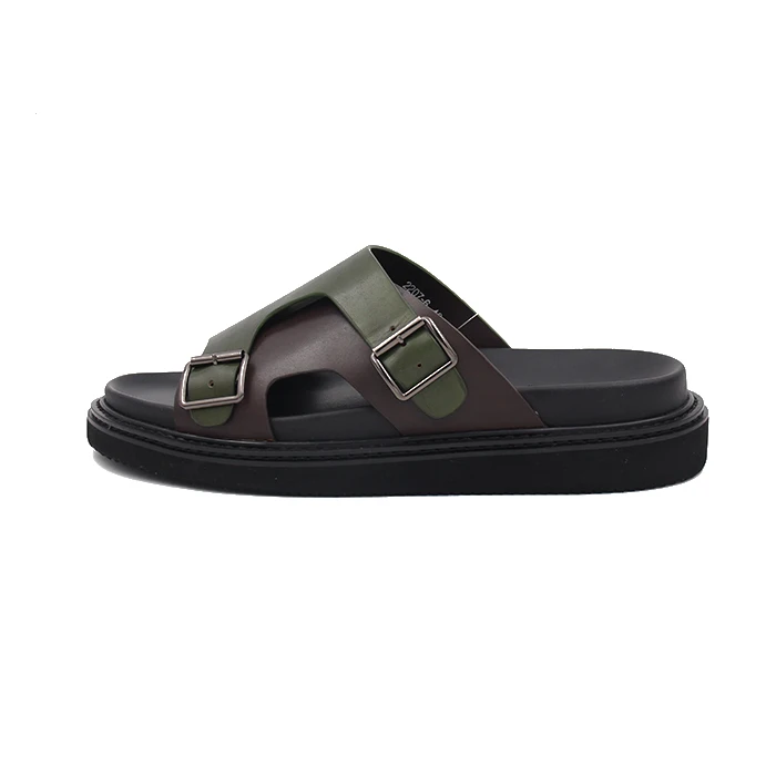 Custom italian handmade Summer Slipper with dark green calf Leather up and soft PU Insole Leather Beach for Outdoor Use