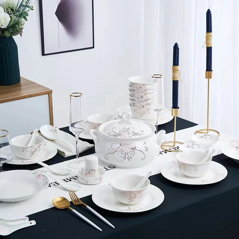 Jingdezhen Ceramic tableware 56 pieces rice bowl tableware set gold wire rose bowl plate ceramic tableware Customers gifts