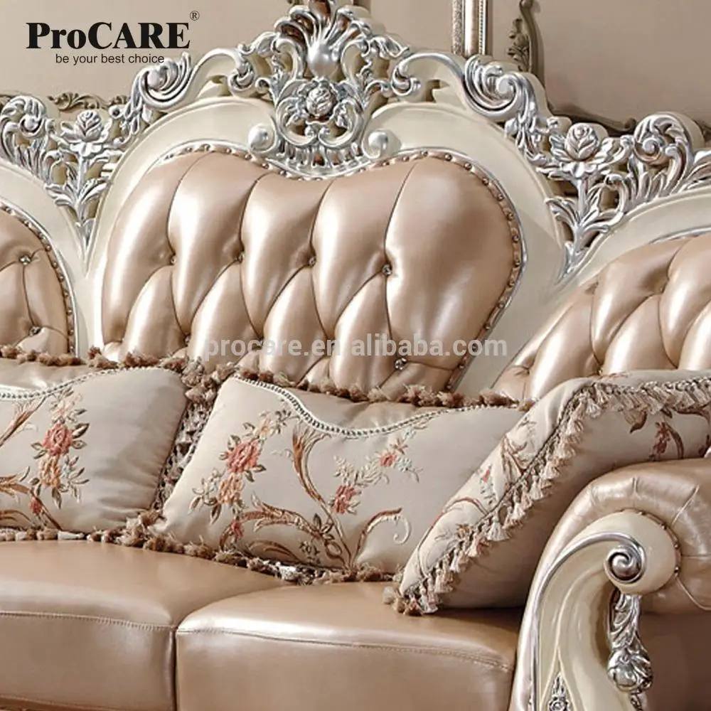 European Luxury French Baroque Style Royal Living Room Furniture Set Golden Sofas Palace Wooden Hand Carved Leather Sofa Set