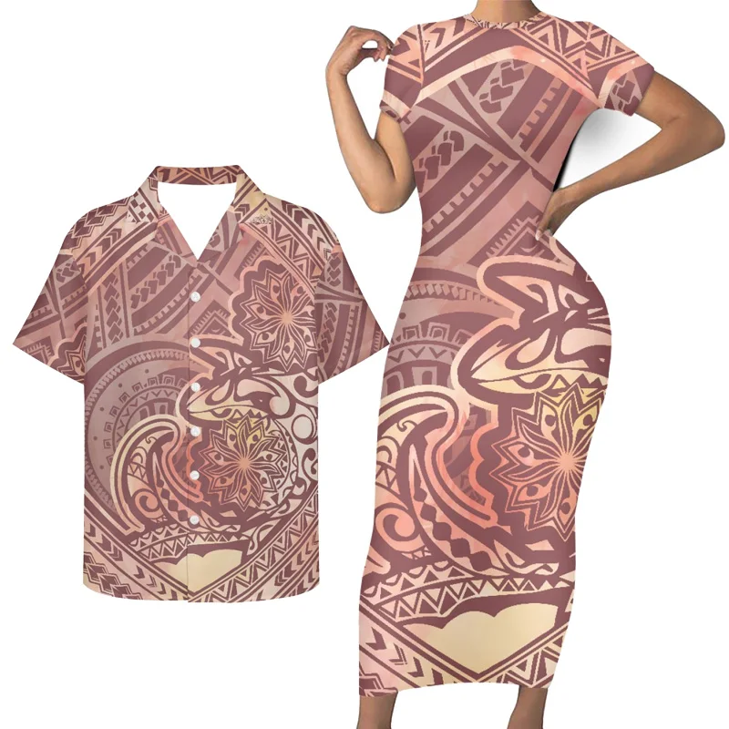 Polynesian Dress and Hawaiian Shirts Couple 2 Pieces Set Women Cheap Wholesale Premium Custom Wedding Dresses Women Lady Elegant