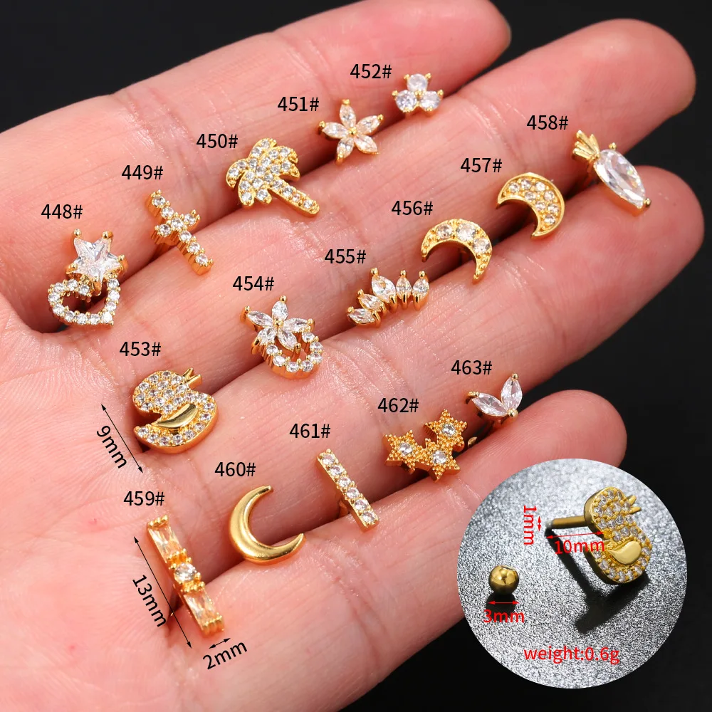 New Piercing Jewelry Creative Earrings Gold Zircon Fashion Ear Bone Screws Moon Star Duck Carrot Small Earring Studs For Women