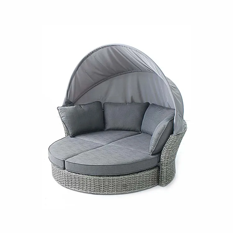 Modern Outdoor Sun Lounger Wicker Rattan Round Patio Garden Daybed With Canopy Patio Furniture Beach Sunbed