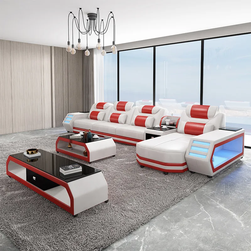 Luxury Italian Leather U-Shaped Sofa with Bluetooth Speaker and light