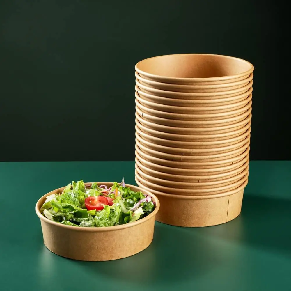 High Quality Disposable Food Packaging Box Eco Disposable Brown Kraft Rectangular Craft Paper Bowl Waterproof Salad Bowl