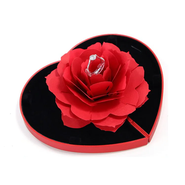 Wholesale custom luxury foldable plastic red rose flower ring box gift rose heart shape flower box jewelry packaging box