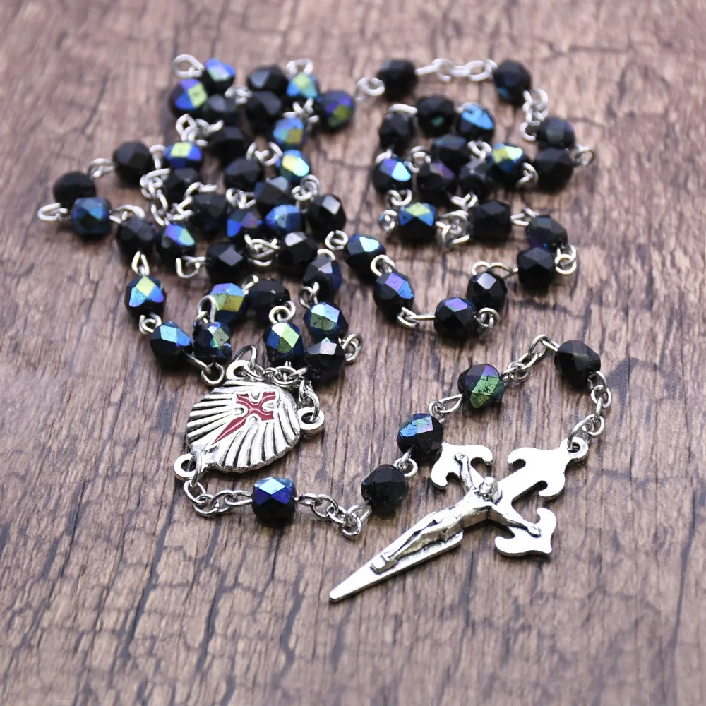 Aquamarine Rosary Necklace San Diego Santiago Shell Red Cross Rosary Prayer Beads Jewelry Colorful Crystal 6mm Necklaces