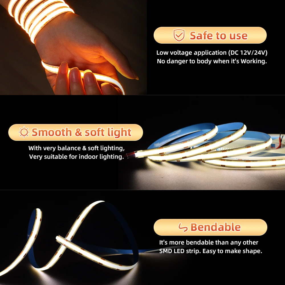 ADLED cob led strip 2 Years Warrant 480led ce rohs 12v warm white 6500k light 24v flexible white cob led strip