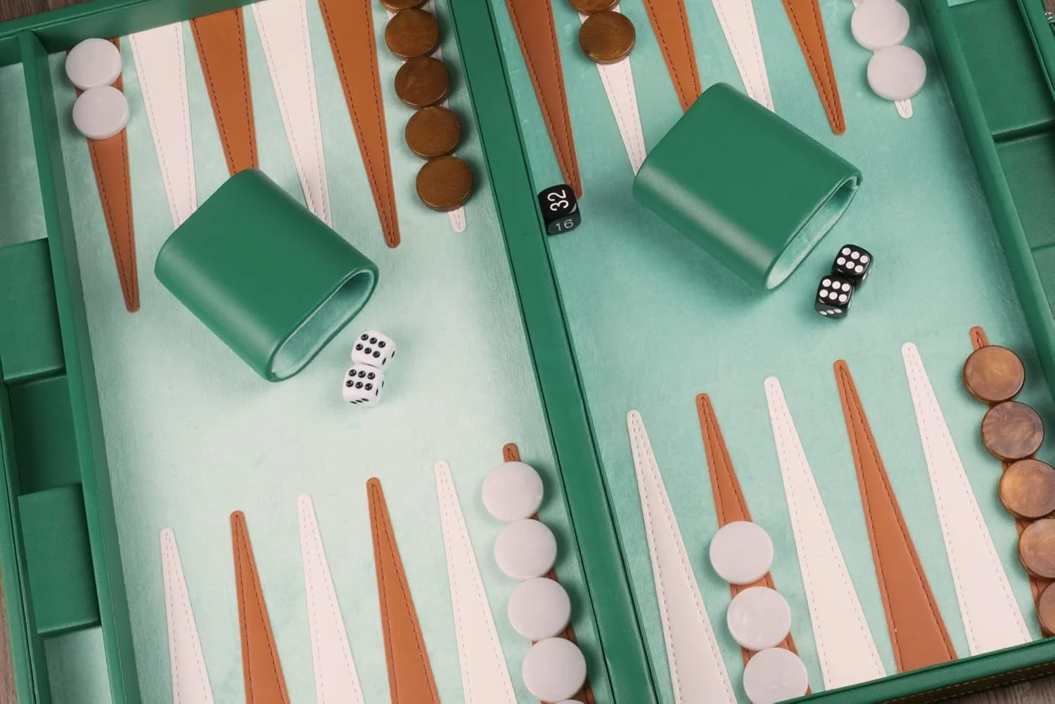 Modern Green 15 Inch Silver Classic Vegan Leather Silver Portable Metallic Travel Strategy Backgammon Set for Adults and Kids