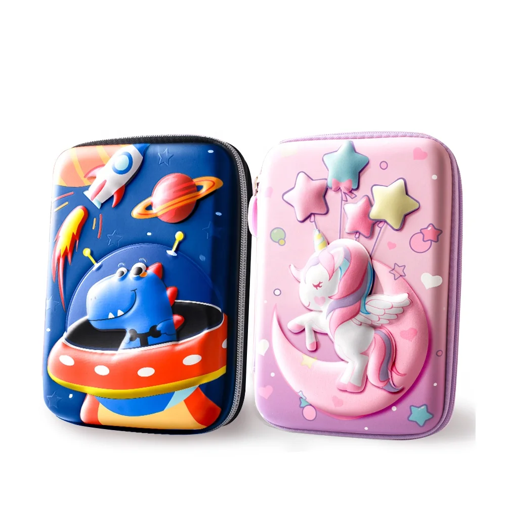 Best Selling In Stock Wholesale 3D Blue Pink Unicorn Pen bag case Custom Eva Hard Bulk Stationery Pencil Case for Kids