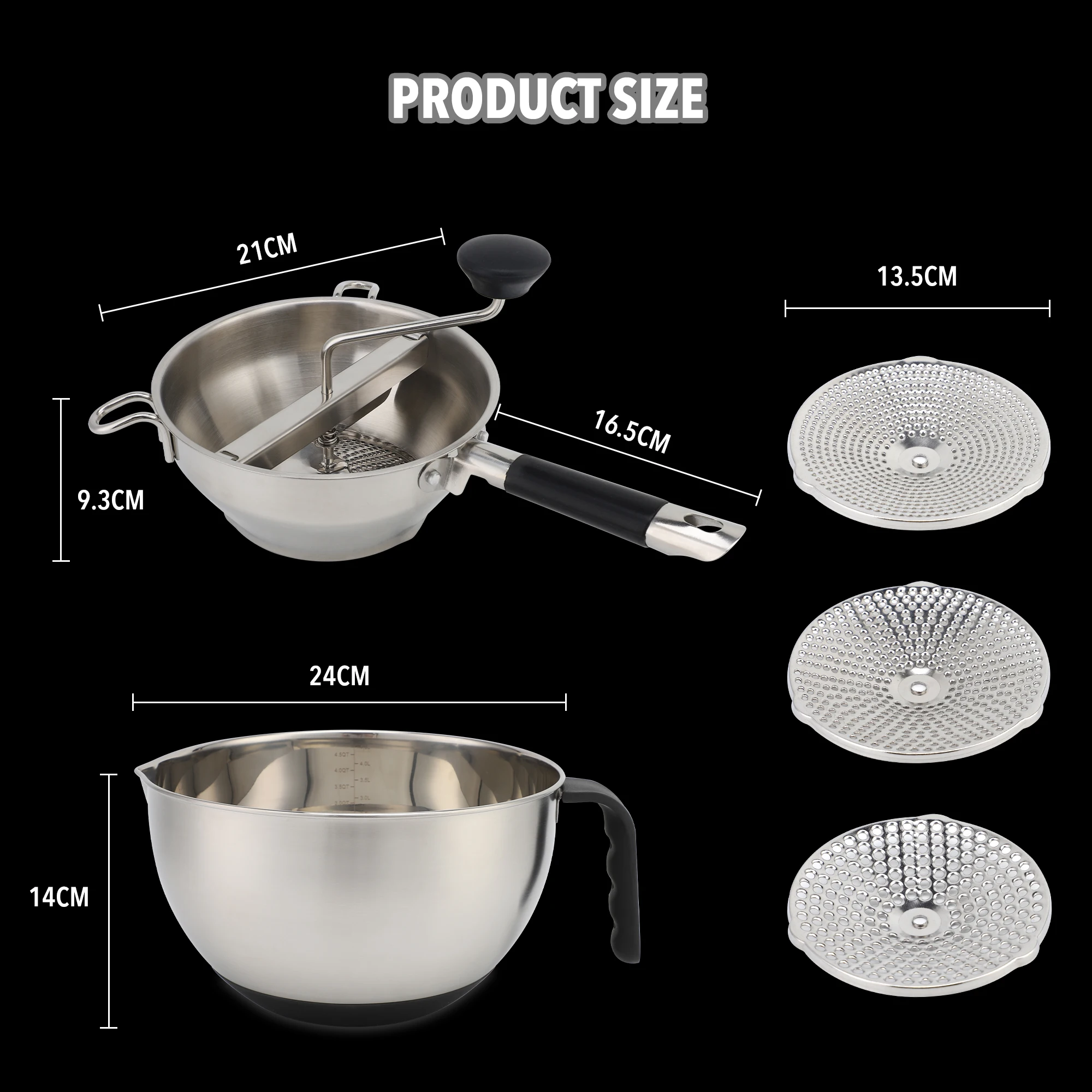 Factory directly sell Stainless-Steel Mixing Bowl Sets Rotary Stainless Steel Food Mill Strainer Vegetable Mill Salad bowls