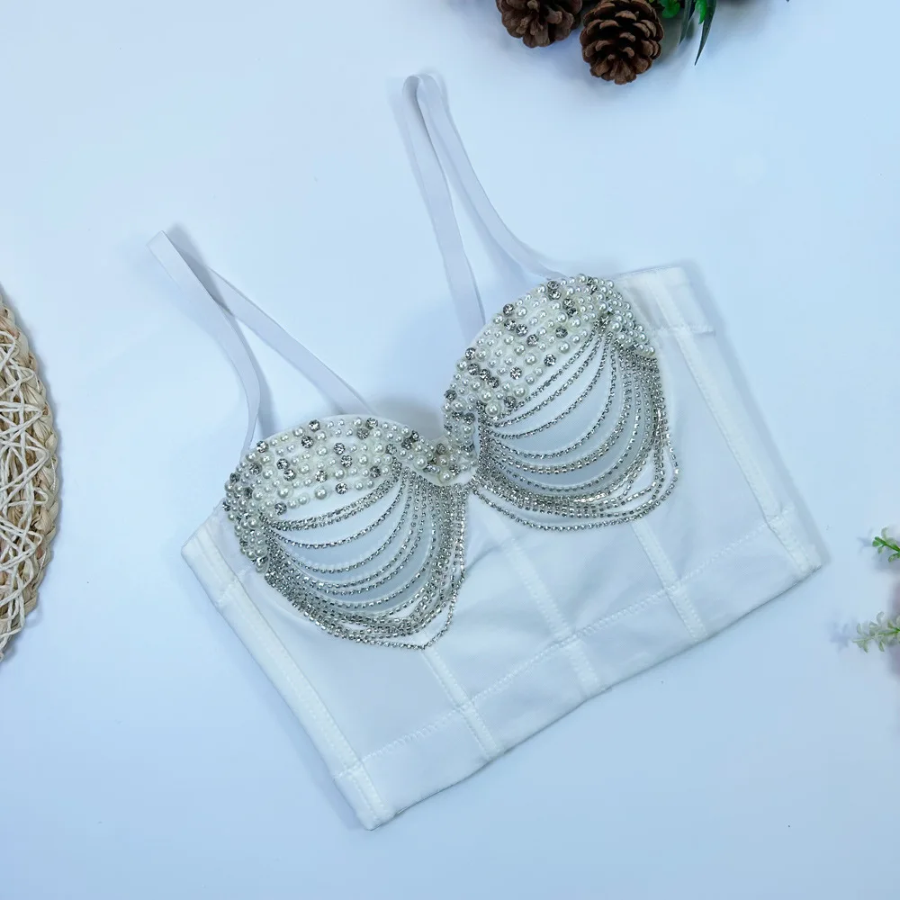 Ladies Sexy Handmade Beauty Pearl Camisole Rhinestone Corset Cropped Top Crystal Bustier Bra Top