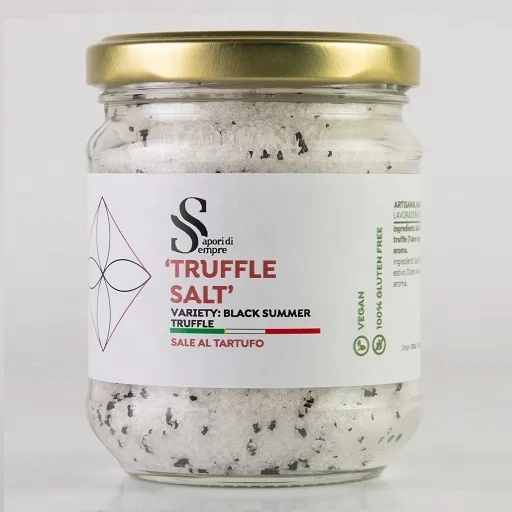 TRUFFLE SALT italian origin with Black Summer Truffle in glass jar 105gr, 210gr, 580gr, shelf life 36 months