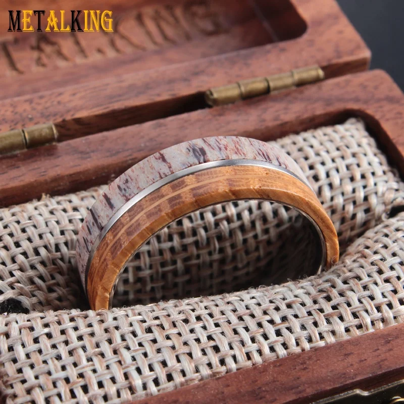 8mm Deer Antler and Whisky Barrel Wood With Titanium Inner Wedding Ring Bands