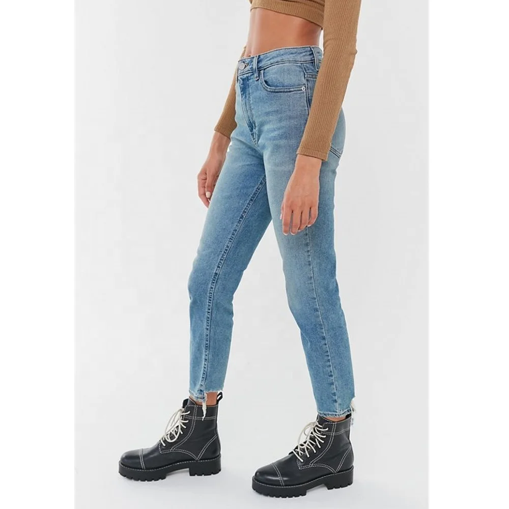 Wholesale factory price straight women jean jogger pants with frayed hem