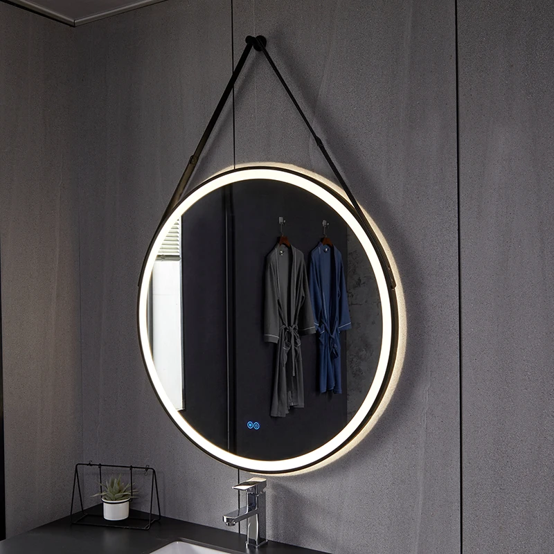 Custom Aluminum Frame Touch Screen Hanging Wall Round Makeup Led Bathroom Smart Mirrors with leather strap