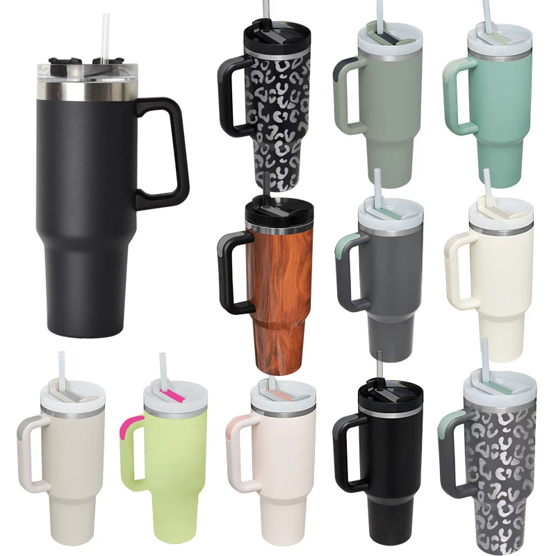 40oz High Capacity Stainless Steel Tumbler With Handle Cooler Cold Bottle Cup Sleeve Vacuum Insulation Mug Cheetah Leopard H2.0