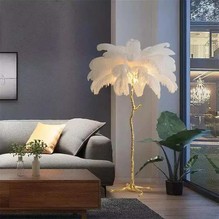 Nordic Designer Luxury Living Room Palm Tree Standing Lamps Modern Ostrich Feather Floor Lamp For Indoor Home Decor Lamparas