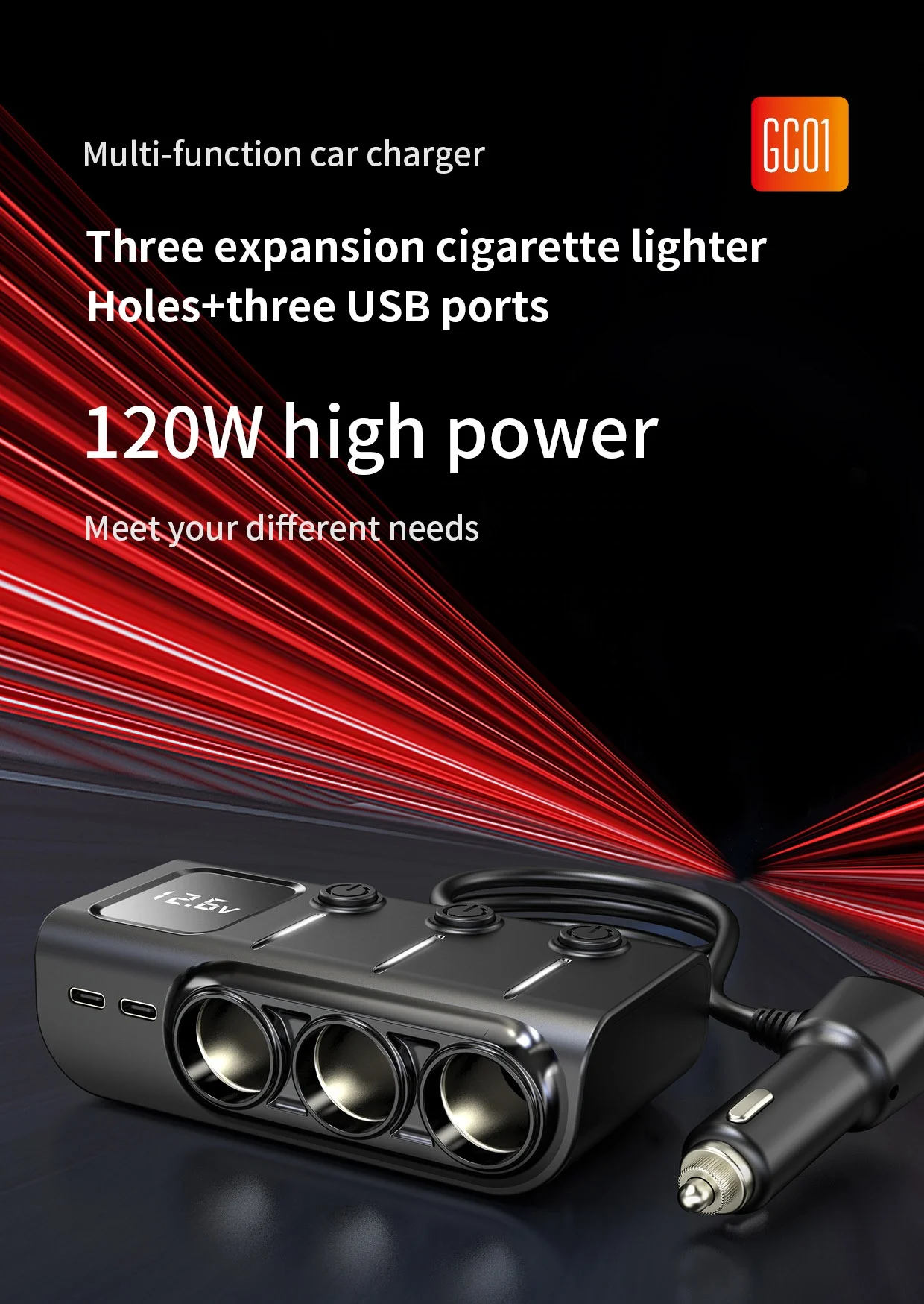 5USB 3A Dual USB Car Charger 3 Port LCD Display 12-24V Cigarette Socket Lighter Power Adapter Fast Car Charger