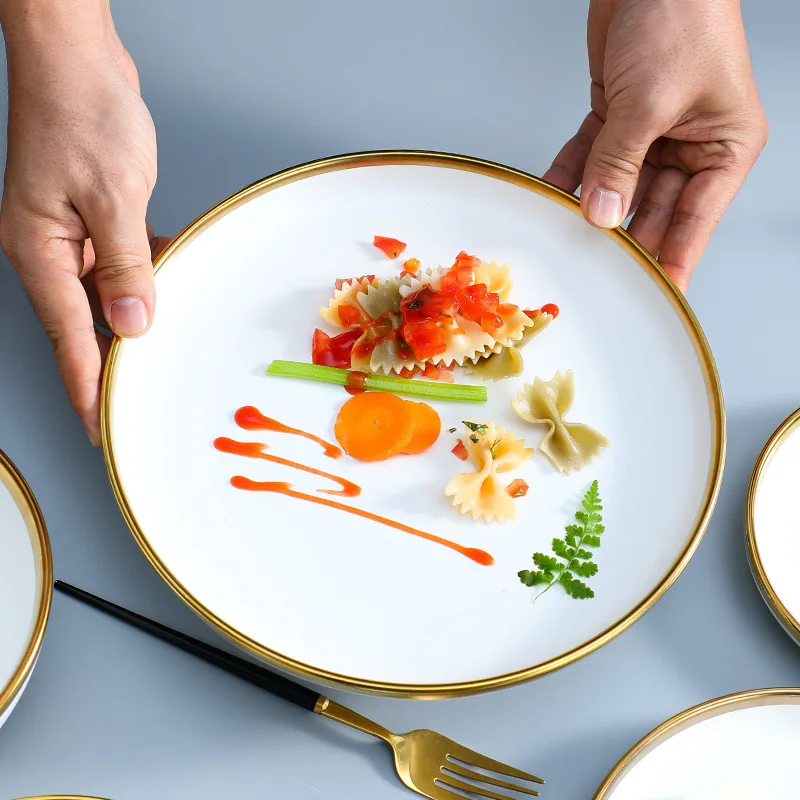 Luxury Tableware Porcelain Dinnerware White Dinner Plates and Bowls Set for Wedding Ceramic Dishes With Gold Rim