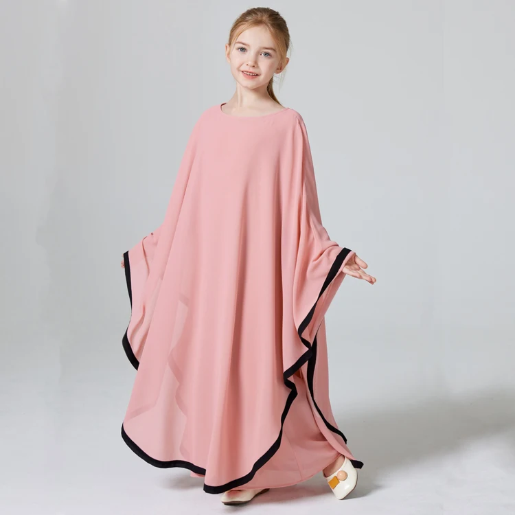 Abaya Girls Two-piece Set Kebaya Contrasting Chiffon Abaya Round Neck Dress Long Robe Islamic Muslim Kids Prayer Clothing Caftan