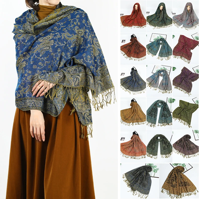 2024 Hot OEM Lady Paisley Fringe Nation Ethnic style Head towel Pashmina scarf maker Cashmere elegant jacquard Paisley shawl