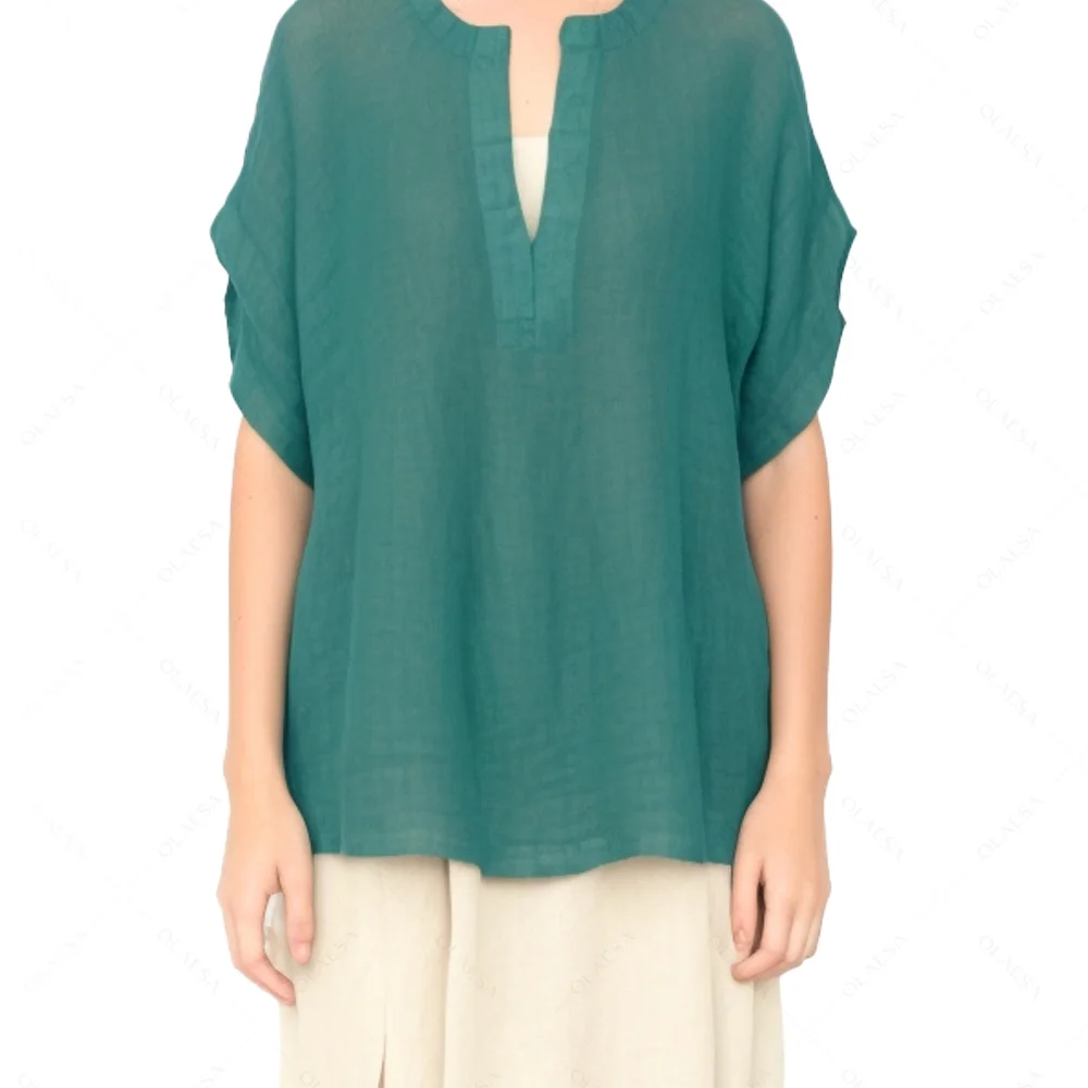ODM Designer Mint Cap Sleeve Elegant Linen Ruffles Formal Casual Top For Ladies
