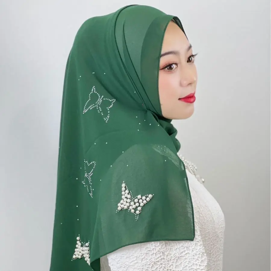 Hot seller Versatile fashion exquisite monochrome chiffon butterfly beaded pattern ladies shawl Malay Muslim hijab headscarf