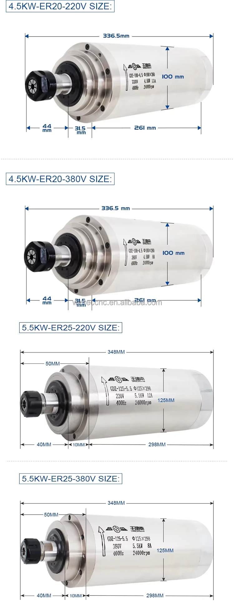 ER11 round spindle motors cnc small bldc motor 500w 57mm spindle motor air cooled