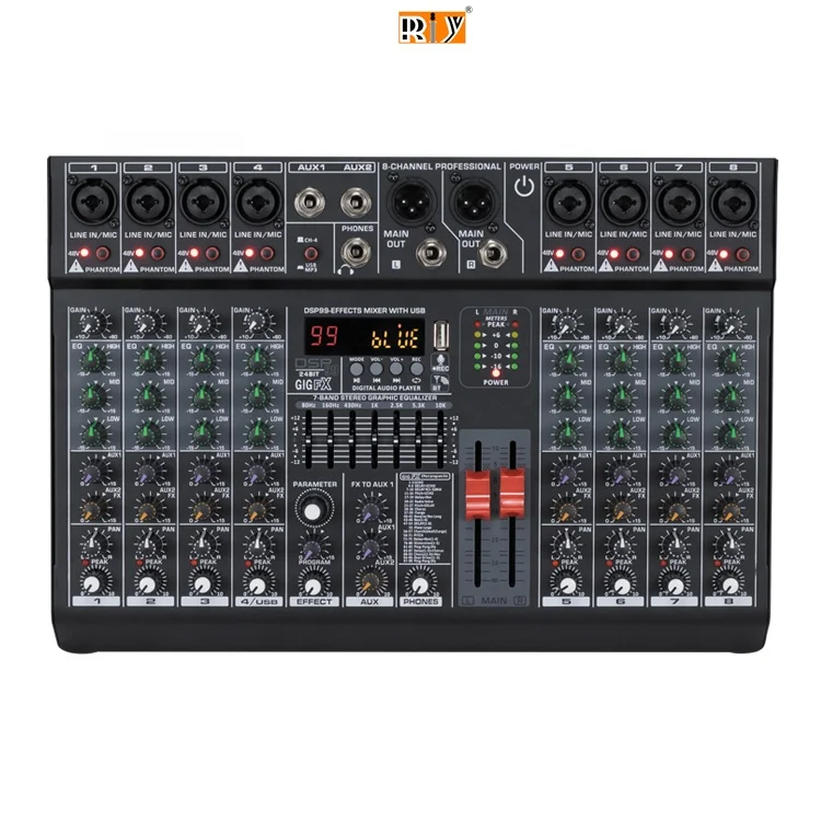 LXT8 USB Blue Tooth 8 Channel Professional Mixing Console for Stage Performance Audio Mixer With 99 Dsp Effect