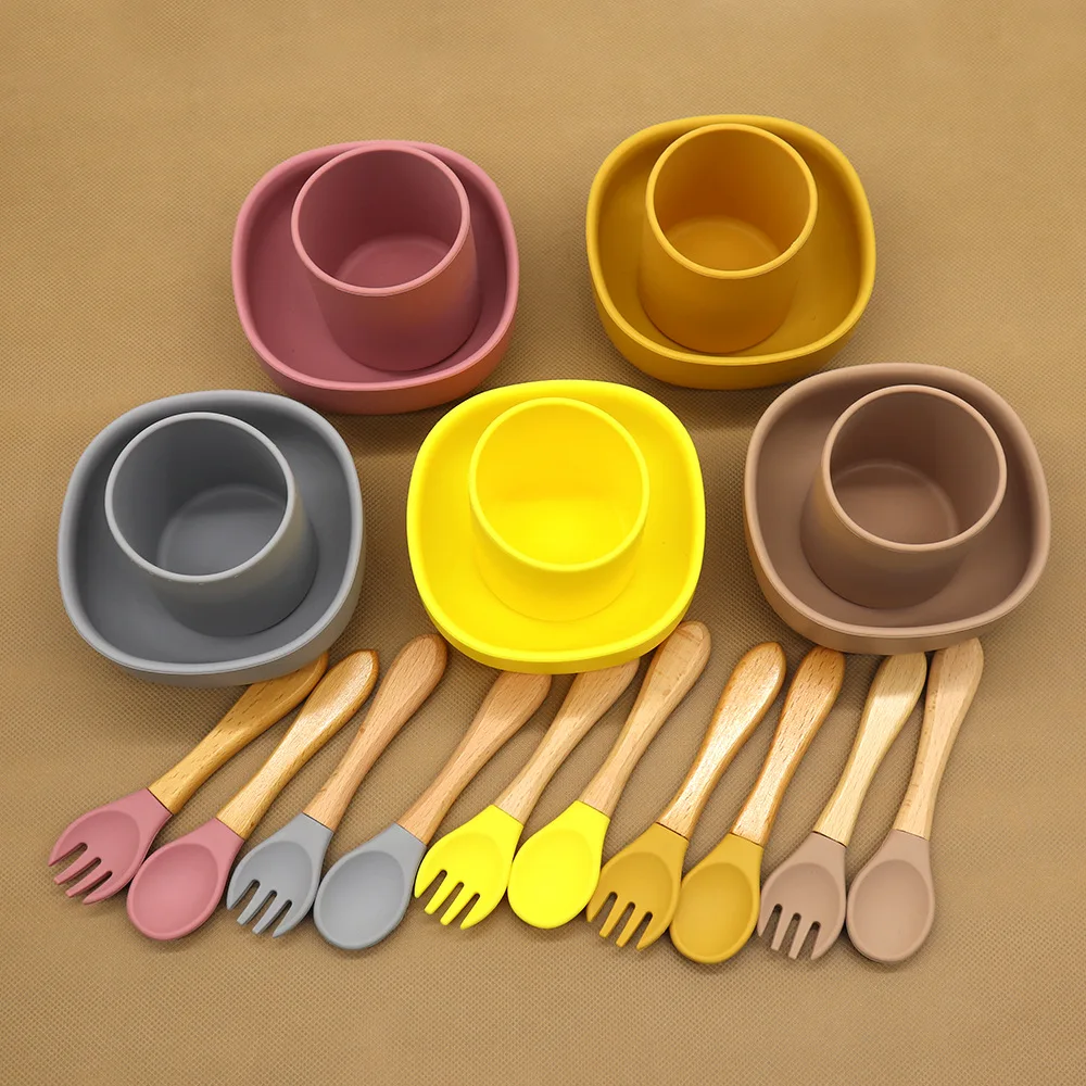 Children Food Grade Silicone Tableware Set Infait Wooden Handle Silicone Bowl Spoon Fork Cutlery Baby Silicone Feeding Tableware