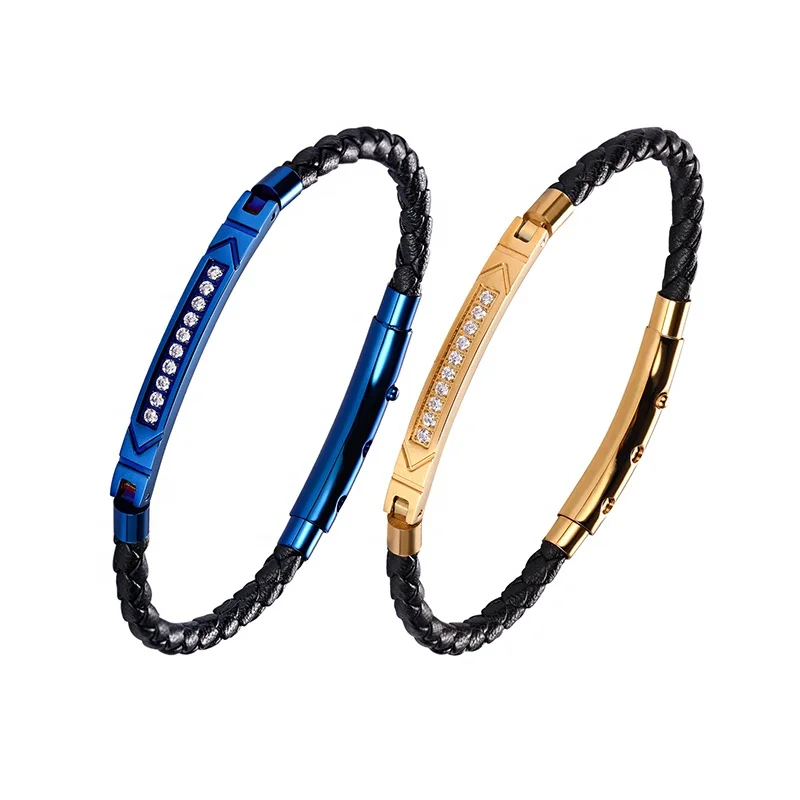 Fashion Jewelry Bracelets Gold Plated Zircon Stainless Steel Custom Mens Leather Bracelet