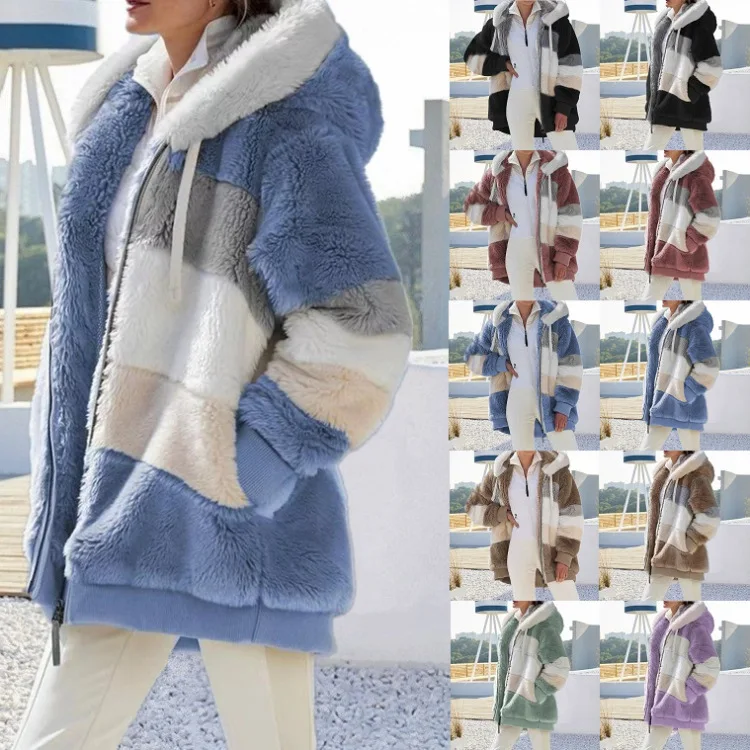 2023 Winter Warm Mixee Color Casual Hooded Plush Streetwear Plus Size Winter Outwear Jacket Fur Coat With Pockets