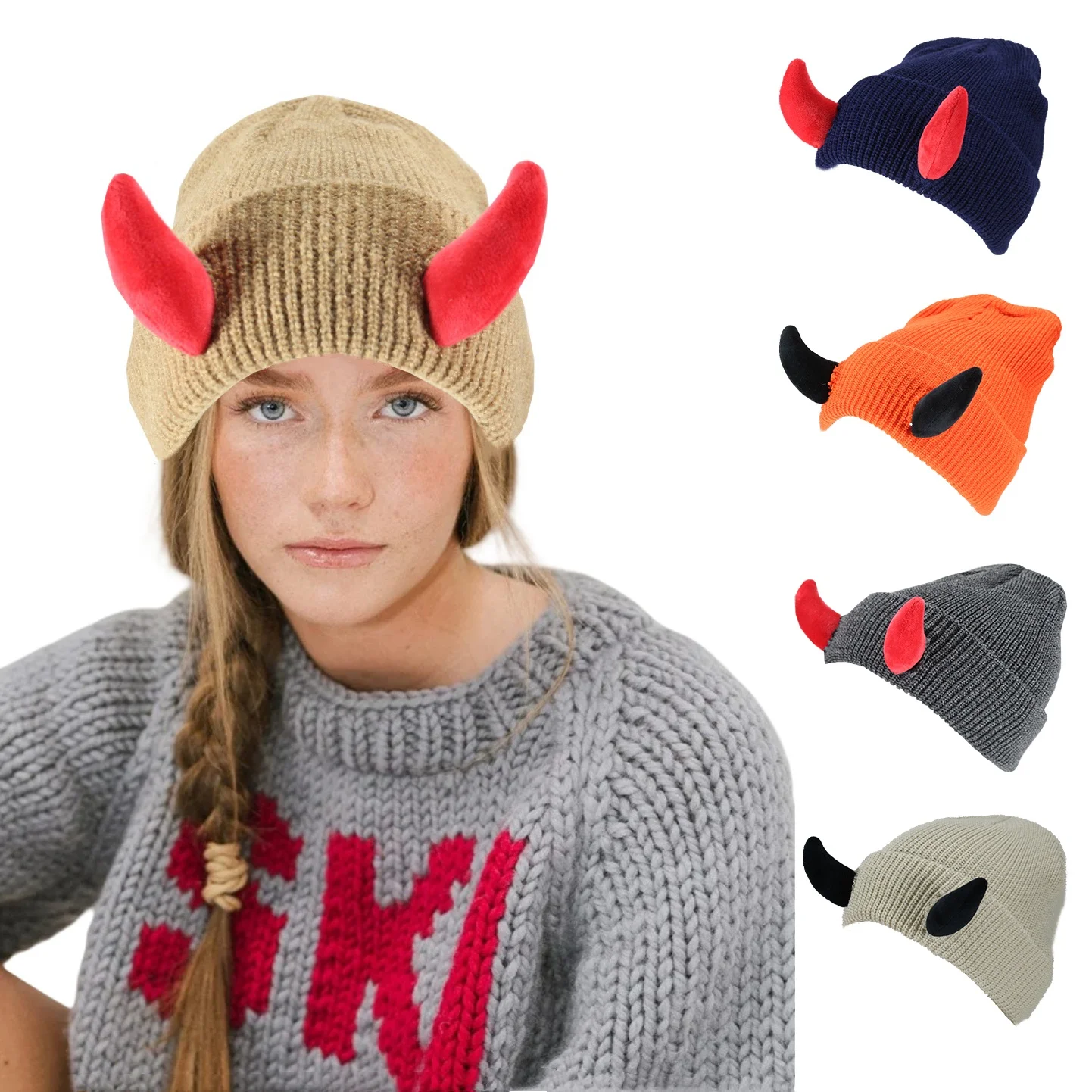 HZM-24445 Devil Horn Knitted Beanie Hat For Adult Halloween Demon Horns Cap Winter Warm Hip Hop Hat For Outdoor