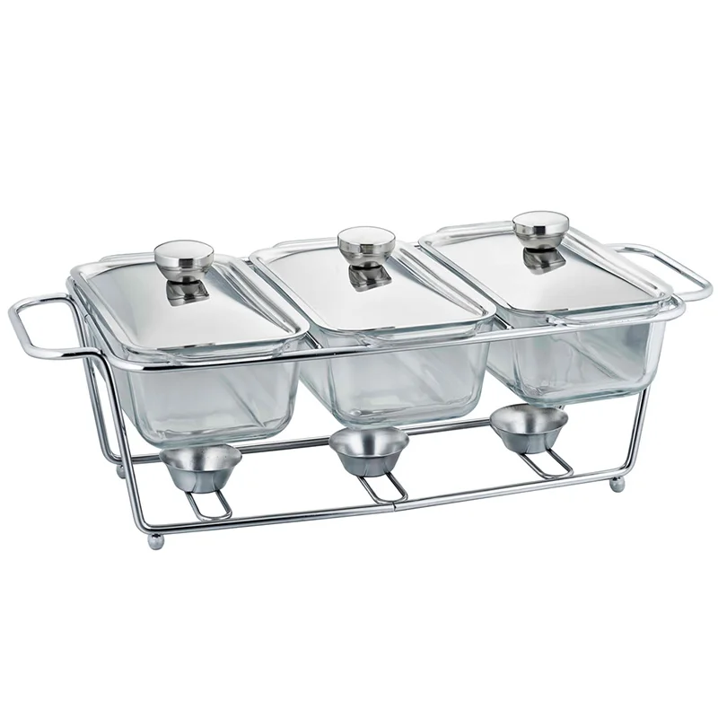 Multi-style And Multi-standard 1.5l Glass Food Warm Buffet Stove Luxury 3connections Chafing Dish