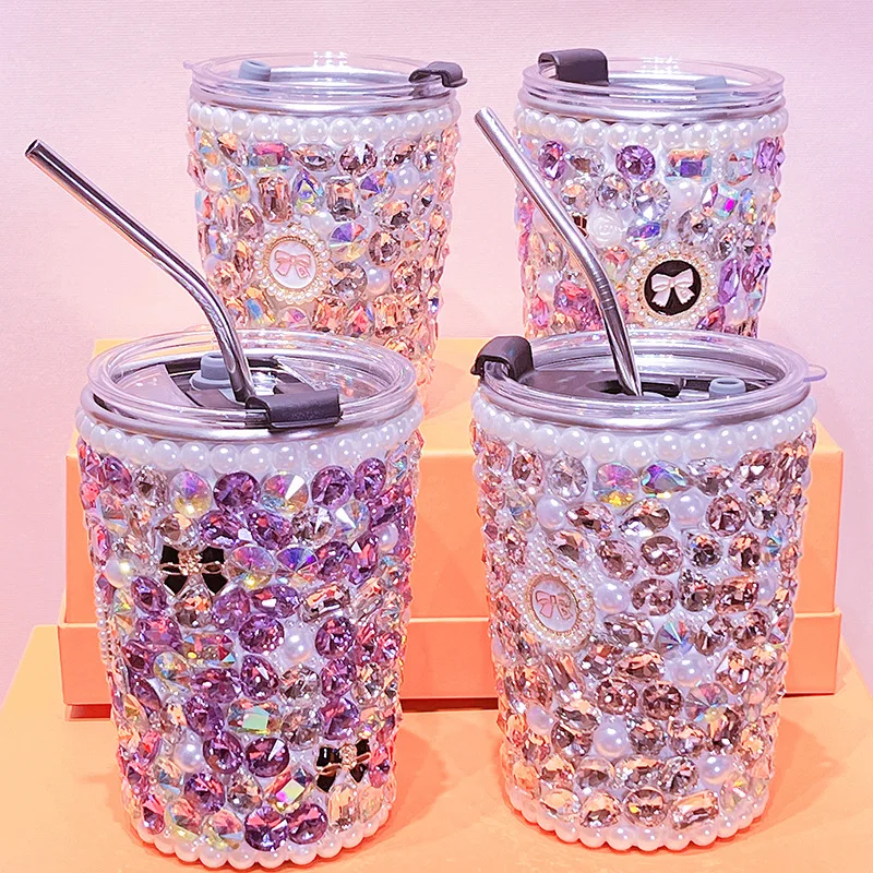 Diamond inlaid net red straw cup shiny rhinestone sticker drill water mug 304 stainless steel straw cup coffee mug space cup