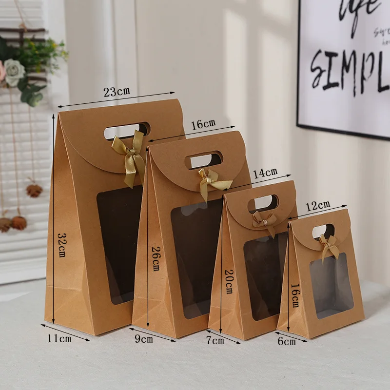 Custom Logo Flower Packaging Kraft Paper Box Wholesale Brand Logo Printing Kraft Recyclable PVC Window Shopping Gift Bags