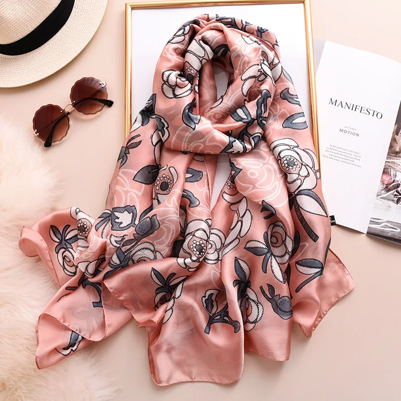 Wholesale 2020 latest summer beach shawl wraps fashion grey flower print oversize long women korean silk scarf