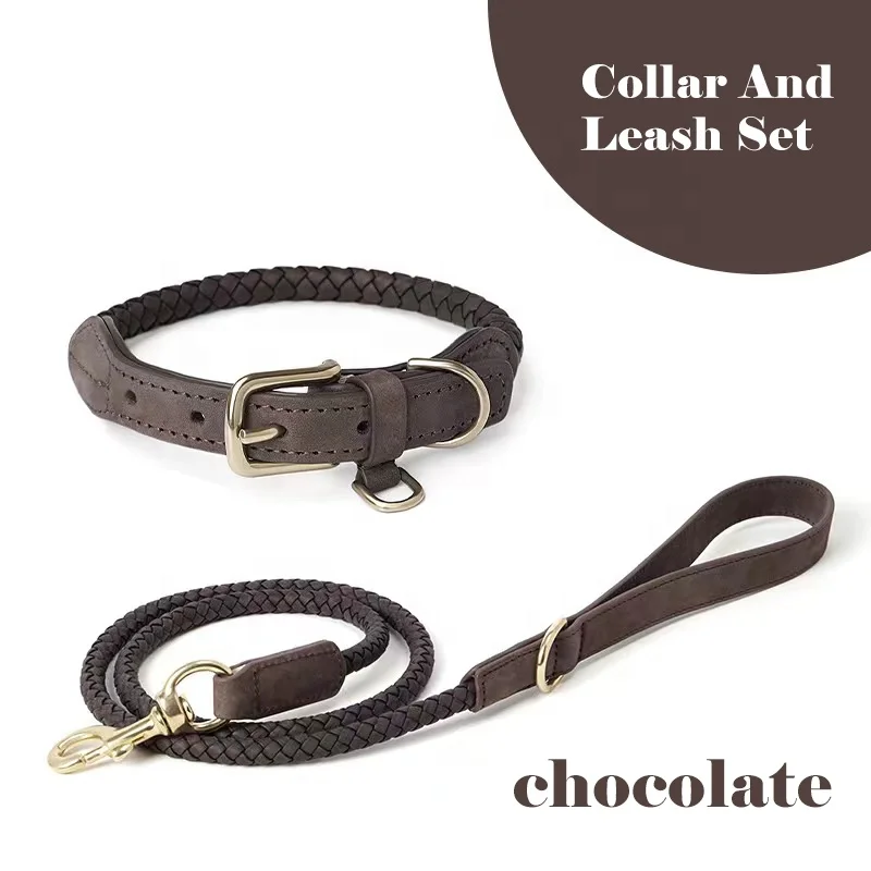 Premium Luxury Adjustable Pet necklace Neck Strap Genuine Braided Cow Leather Dog collar and Leash set with Gold Metal Buckle