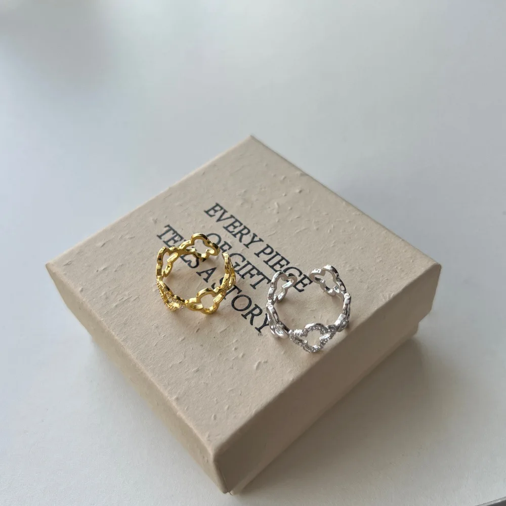 Simple and Elegant Open Hollow Flower Ring 925 Sterling Silver Gold Plated Four Leaf Clover for Women