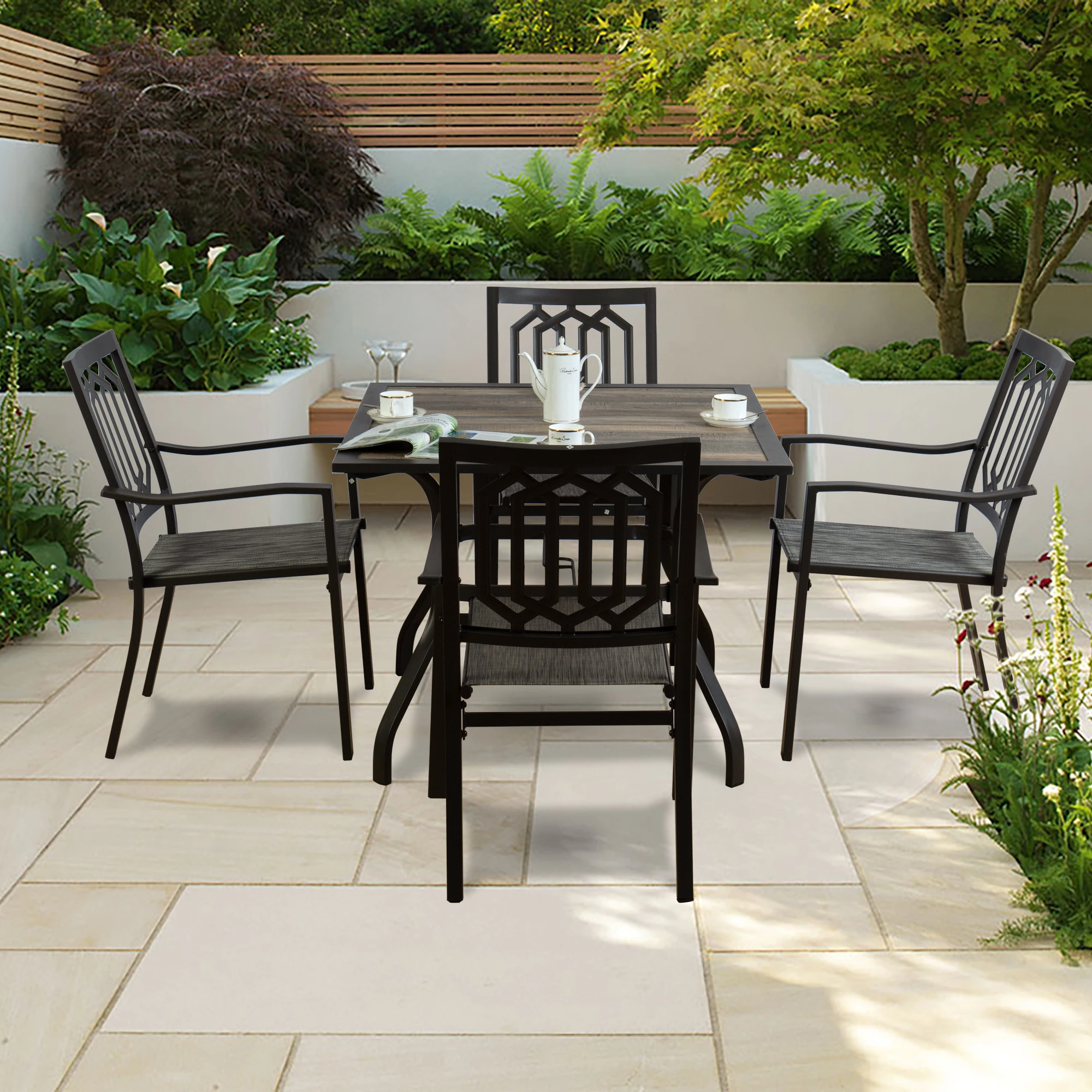 Retro and Fashionable Dining Table Square Steel with Wooden-Like Top and Umbrella Hole Outdoor Furniture