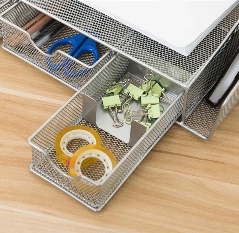  Multi-function Metal Mesh Desk Organizer Stationery Holder with Sliding Drawers Double Tray Side Compartment for Office