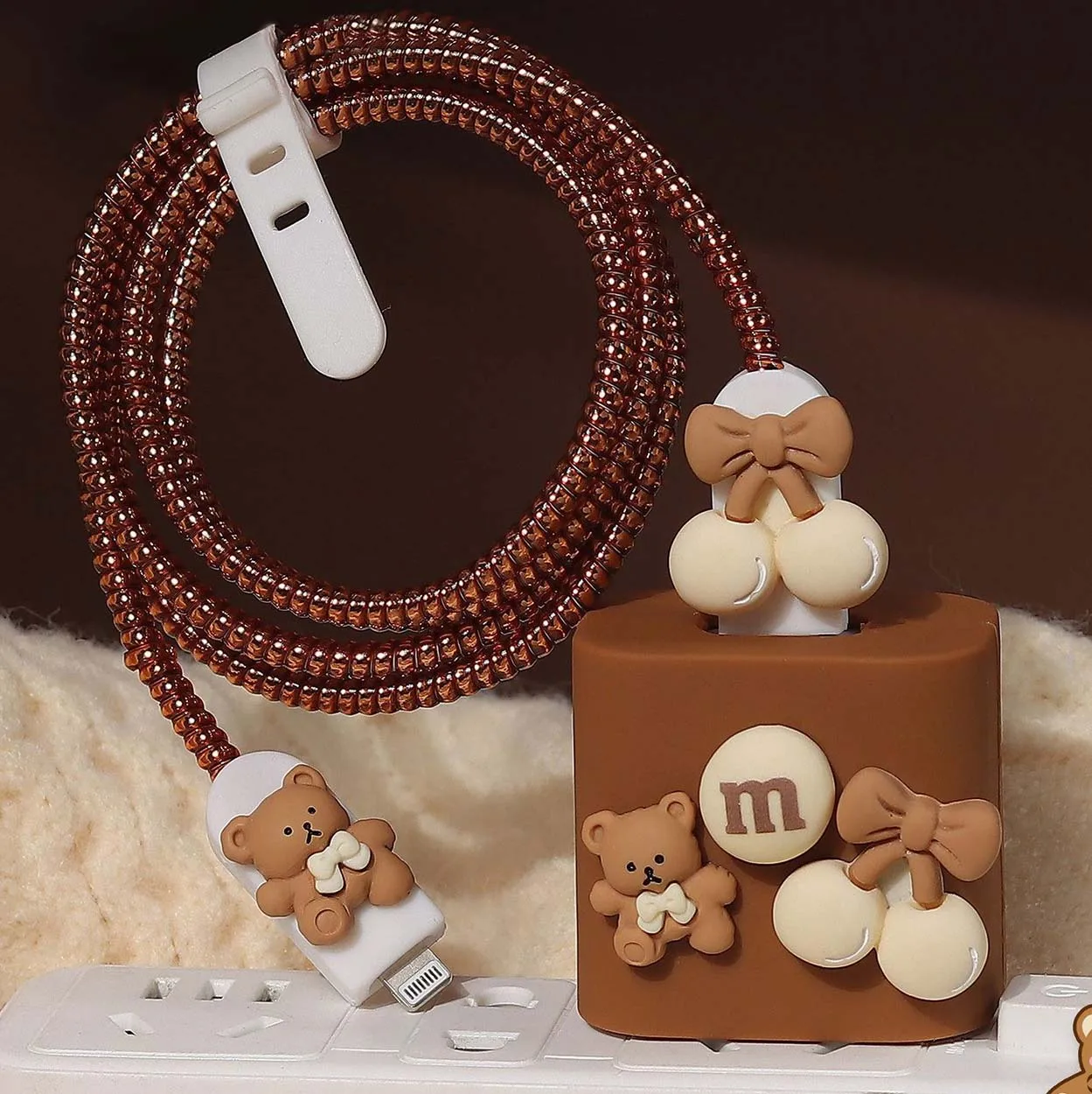 2023 5 IN 1 Brown Bear TPU Case Spiral Charger Cable Protector For Apple iPhone 18W 20W Fast Charging Adapter