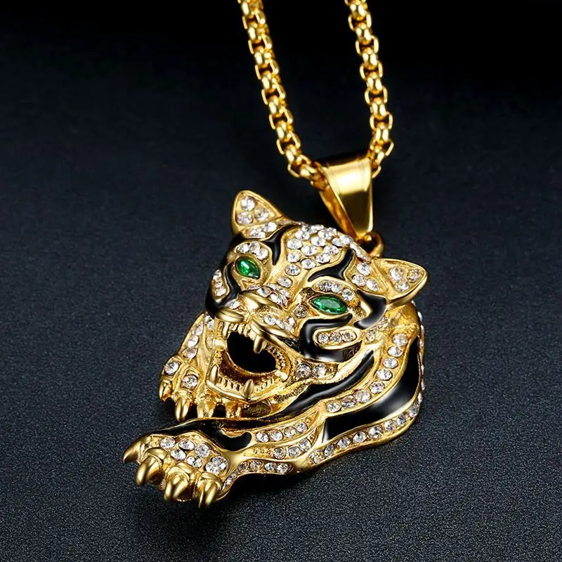 New Hip Hop Hiphop Jewelry Titanium Steel Gold Plated Diamond Leopard Head Pendant Necklace