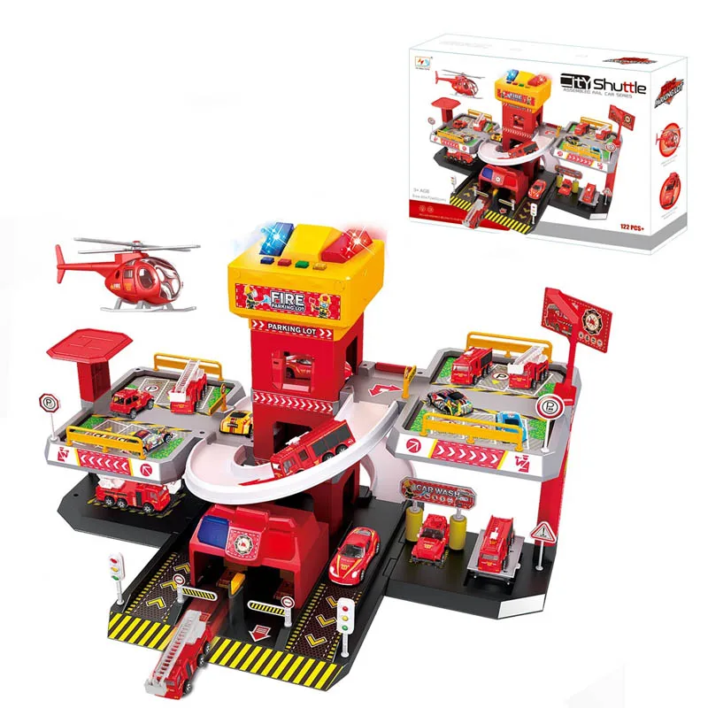 DIY Assembly Fire Rescue Station Parking Lot Toys 3Floors City Shuttle Rail Set(6cars&1plane)