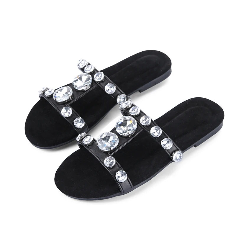 
fashion summer flat leather bling bright rhinestone slipper for women 