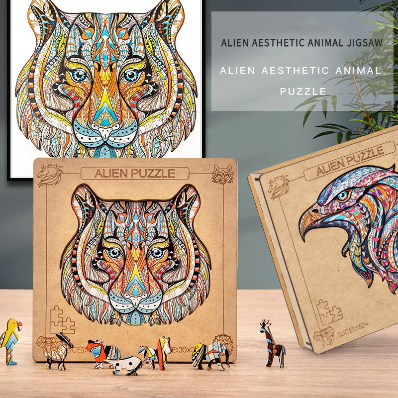 TS 2024 hot sell Wooden DIY Animal Puzzles Unique Gifts Jigsaw animal tiger wolf Wood educational Montessori toy for child